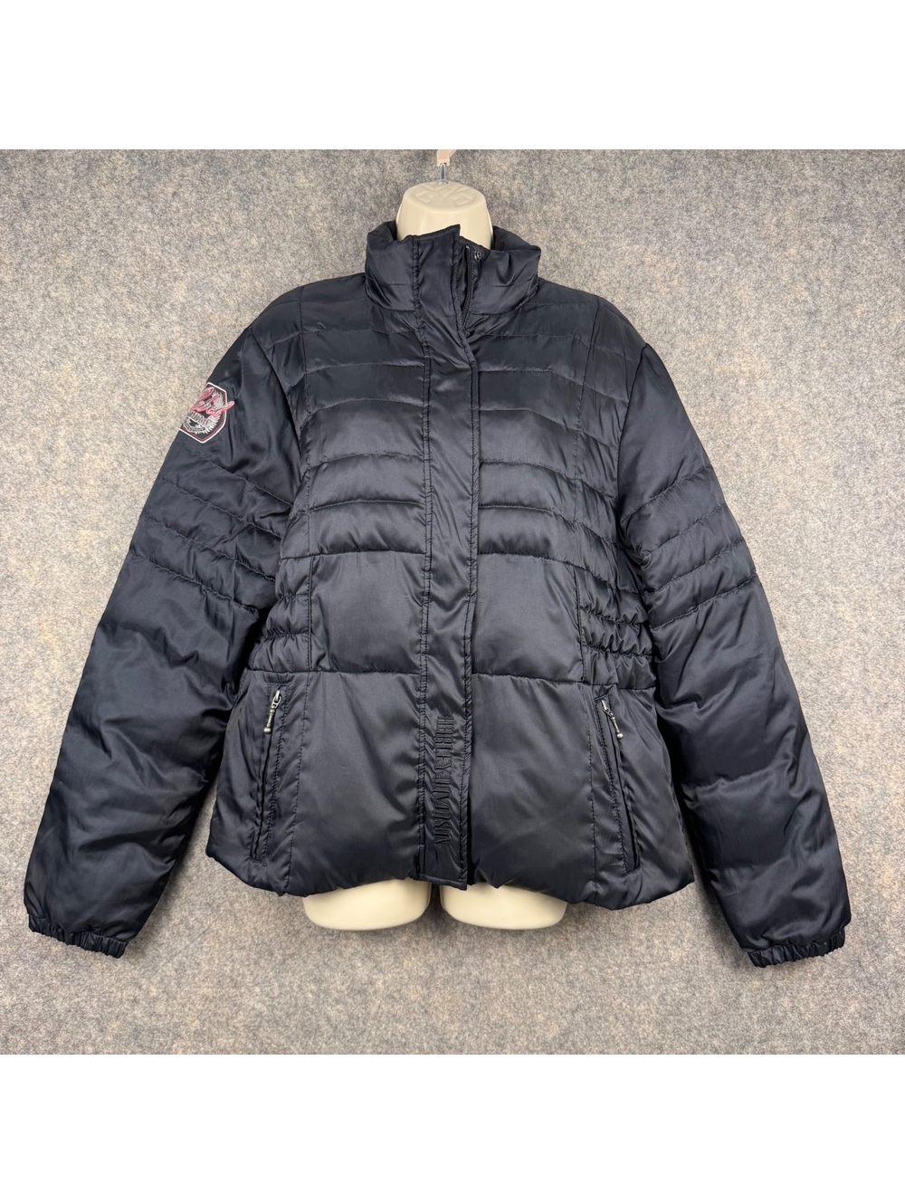 Harley Davidson Quilted Puffer Jacket Snap Zip Black Women Large Embroidered 207
